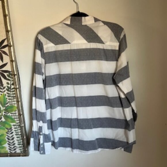 🧡3/15 Merona Gray White Stripe Long Sleeve Cotton Shirt Women's XXL/TTG - Picture 2 of 11